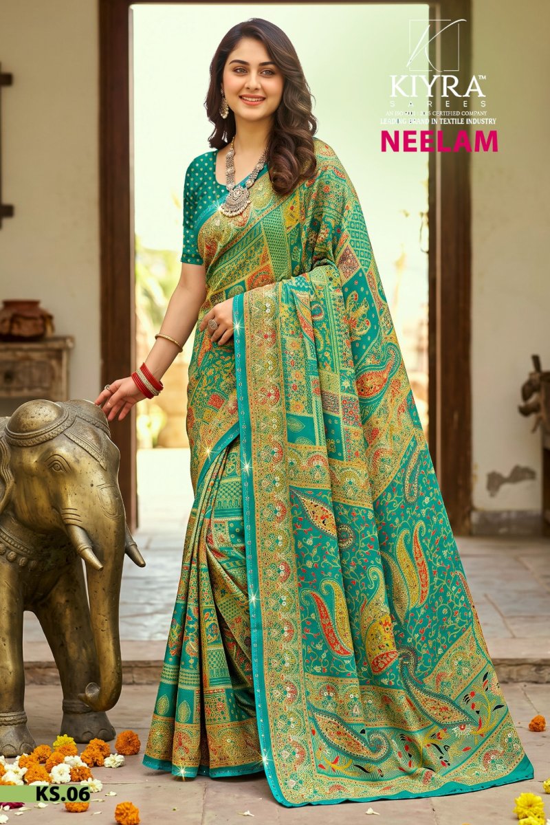 Neelam By Kiyra Dull Moss Foil With Seroski Border Saree